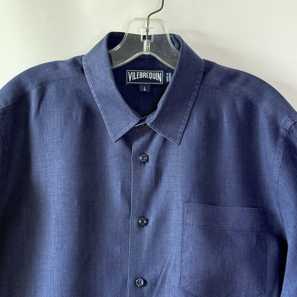 Vilebrequin Button-Up Long Sleeve Shirt Men's Large Blue Linen Coastal Tropical - Picture 3 of 16